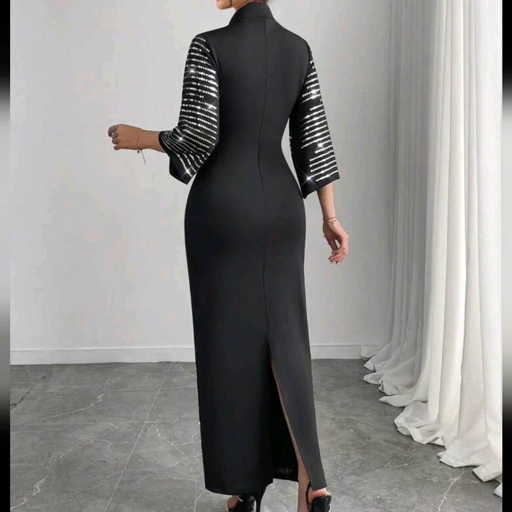 Elegant & Sexy Beaded Black Long Sleeve Dress For Women - Picture 2 of 4